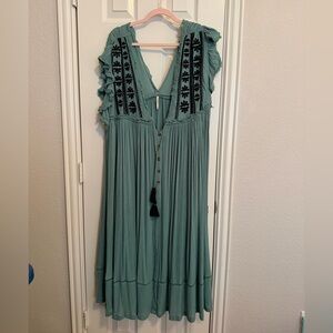 Free People Sea Green Maxi Dress with Black Floral Embroidery